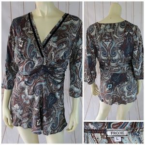 Froxx Silk Blouse Top L Paisley Pullover Side Zip